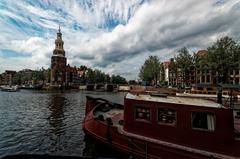 Amsterdam panorama with Montelbaanstoren tower and Oudeschans canal