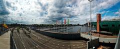 Panoramic view of NEMO Science Centre and IJtunnel entrance in Amsterdam