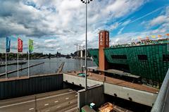 NEMO Science Centre in Amsterdam with panoramic view over IJtunnel entrance