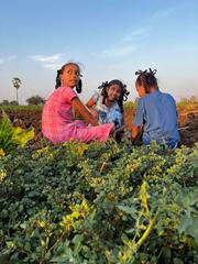 Girls playing on a farm while their parents work