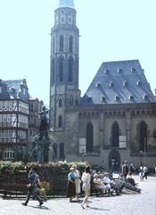 Frankfurt Main fountain of justice and Old Church of St. Nicholas