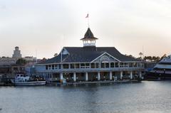 Balboa Pavilion at dusk from the harbor