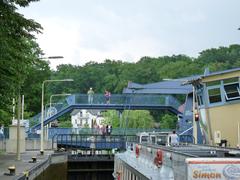 Schleuse Woltersdorf with boats and lush greenery