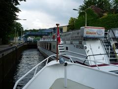 Schleuse Woltersdorf in Woltersdorf near Berlin with a single-chamber lock and weir, part of the Rüdersdorfer Gewässer waterway