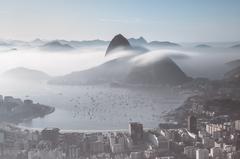 Guanabara Bay at sunrise with mist viewed from Tijuca National Park in Rio de Janeiro