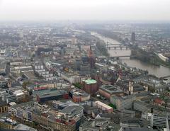 a panoramic view of Frankfurt's skyline with skyscrapers and a river