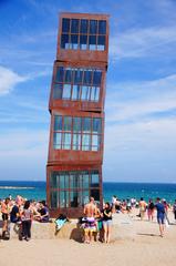 Barcelona beach with clear blue water and cityscape in the background