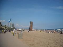 a scenic beach in Barcelona with clear blue water and people relaxing on the sand