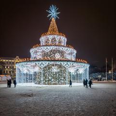 Christmas Tree on Cathedral Square in Vilnius during December evening