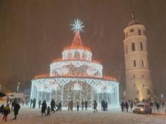 Christmas tree and Vilnius Cathedral Bell Tower in Cathedral Square, 2022