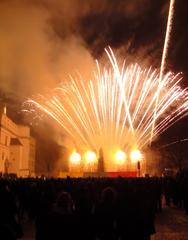 Fireworks on Cathedral Square in Vilnius during national holiday