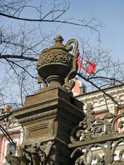 Facade of Kseninsky Institute with decorative iron fence in Russia