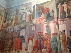 Cappella Brancacci fresco showing Healing of the Cripple, Raising of Tabitha, Disputation with Simon Magus, and Crucifixion of St. Peter