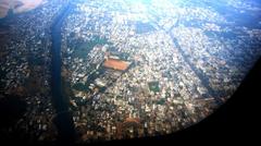 Aerial view of Vijayawada city with Krishna River on the left and Krishna canal in the middle