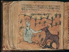 Hindi Manuscript with illustrations of Ajaipala, a goat, and a dog