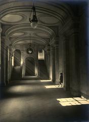 Chapel of Bankers and Merchants, Via Garibaldi in Turin with light effects and a girl leaning against the wall