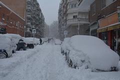 Calle Fernando Poo covered in snow after Storm Filomena in January 2021 in Madrid