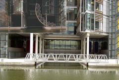 Rolling Bridge in London with inset showing bridge in up position