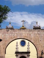 Architectural detail of a colonial building in Morelia, Michoacán, Mexico