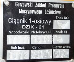 Nameplate of Dzik 21 vehicle at Topacz Automotive Museum