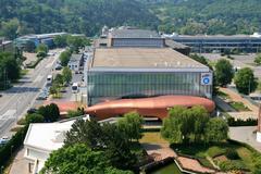 View from the roof of the administrative building at Brno Exhibition Centre, showing VIDA! science centre and pavilion E