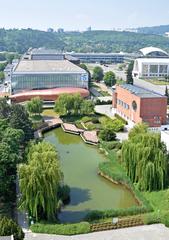 Lake at Brno Exhibition Grounds with Pavilion Morava and VIDA science centrum