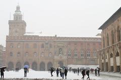 Snow-covered Bologna cityscape in March 2018