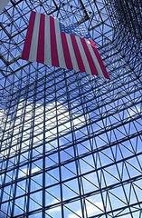 John F. Kennedy Presidential Library and Museum Pavilion with American flag