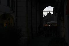 Night panoramic view of Vicenza Cathedral spires from historic city streets