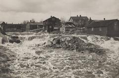 Springtime Vanhankaupunginkoski Rapids with turbulent waters after ice melt, surrounded by wooden houses and nearby Viikinmäki buildings.