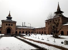 Snow-covered Jamia Masjid mosque in winter