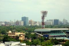 Skyline of Kolkata including Chatterjee International Center, Tata Center, and Eden Gardens