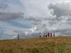 Parliament Hill in Hampstead Heath with kite flyers and city view