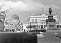 Equestrian statue of Tsar Alexander II with the Bulgarian Parliament and Alexander Nevsky Cathedral in the background