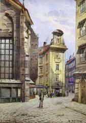 Carl Wenzel Zajicek painting of Wien Kurrentgasse with the church choir on the left