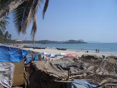 Palolem Beach in Goa at sunset with boats in the foreground and palm trees in the background