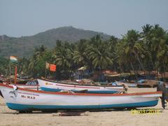 Scenic view of Palolem Beach with palm trees and coastal huts