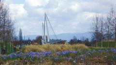 Jardin des Deux-Rives in Strasbourg with the bridge and Hornisgrinde in the background