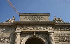 Porta Garibaldi city gate in Milan, Italy, detail view from the city center side