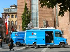 Broadcast vans at St. Paul's Church in Frankfurt, Germany