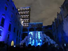 Illuminated light installation in Plaça del Rei, Barcelona