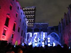 Illuminated art installation Suspès at Plaça del Rei during Llum BCN festival