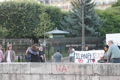 Pont de l'Archevêché in Paris with a marriage proposal banner displayed on the bridge