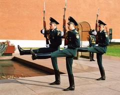 Military goose step at Moscow monument changing of the guard