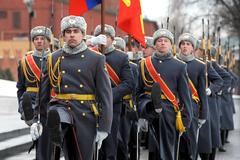 Russian soldiers march during welcoming ceremony for Secretary of Defense Robert M. Gates at the Tomb of the Unknown Soldier in Moscow