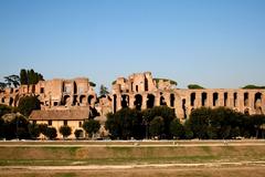 Central part of Circus Maximus and ruins of the Domus Augustana on Palatine Hill viewed from Piazalle Ugo La Malfa