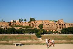 Central part of Circus Maximus and ruins of the Domus Augustana on Palatine Hill viewed from the Piazalle Ugo La Malfa