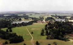 Aerial view of Blenheim Palace showing Lower Park, Grand Lake, Queen Pool, and the avenue