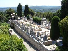 Cemetery view with headstones and trees