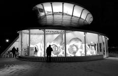 Night shot of the SeaGlass Carousel at Battery Park